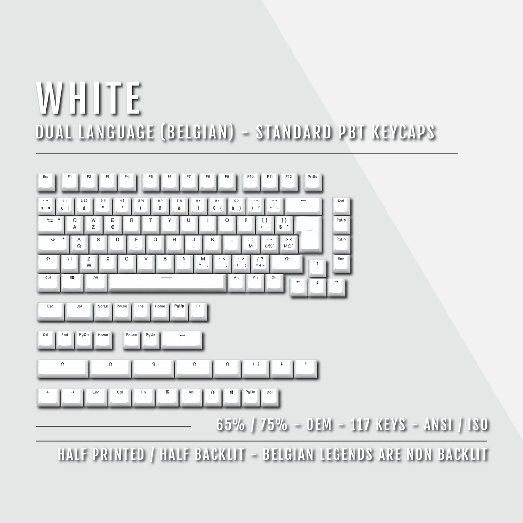 White PBT Belgian Keycaps - ISO-BE - 65/75% Sizes - Dual Language Keycaps - kromekeycaps