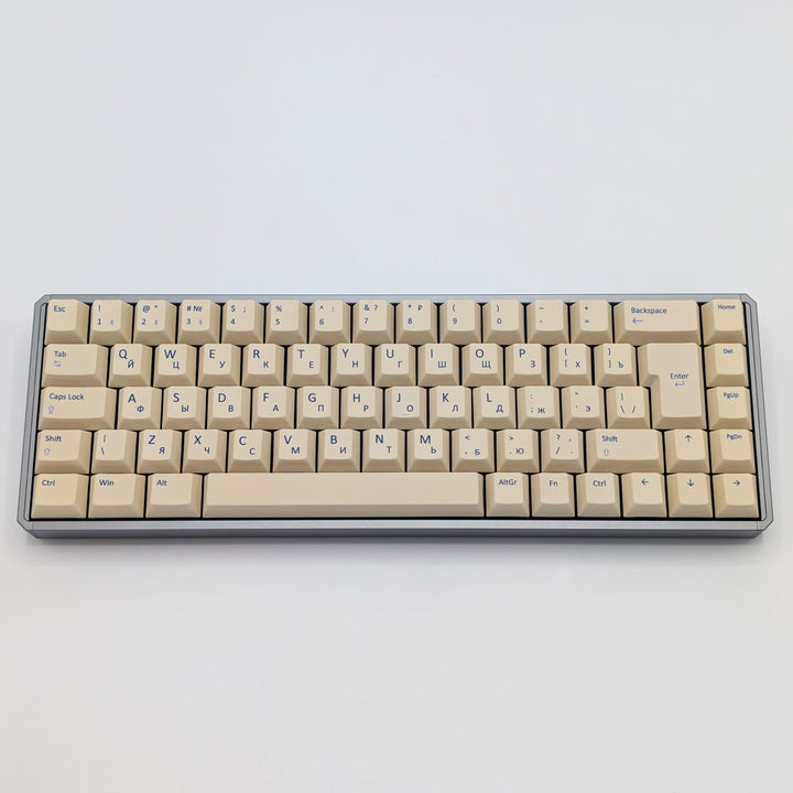 Beige QWERTY &amp; RUSSIAN PBT keycaps on a mechanical keyboard, featuring OEM profile keys with White, Cream, Beige and Off White Keycaps