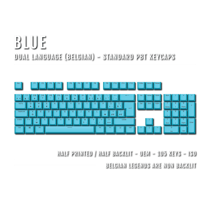 Blue PBT Belgian Keycaps - ISO-BE - 100% Size - Dual Language Keycaps - kromekeycaps