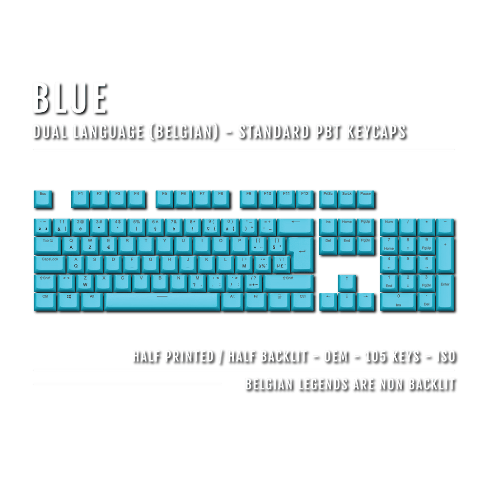 Blue PBT Belgian Keycaps - ISO-BE - 100% Size - Dual Language Keycaps - kromekeycaps