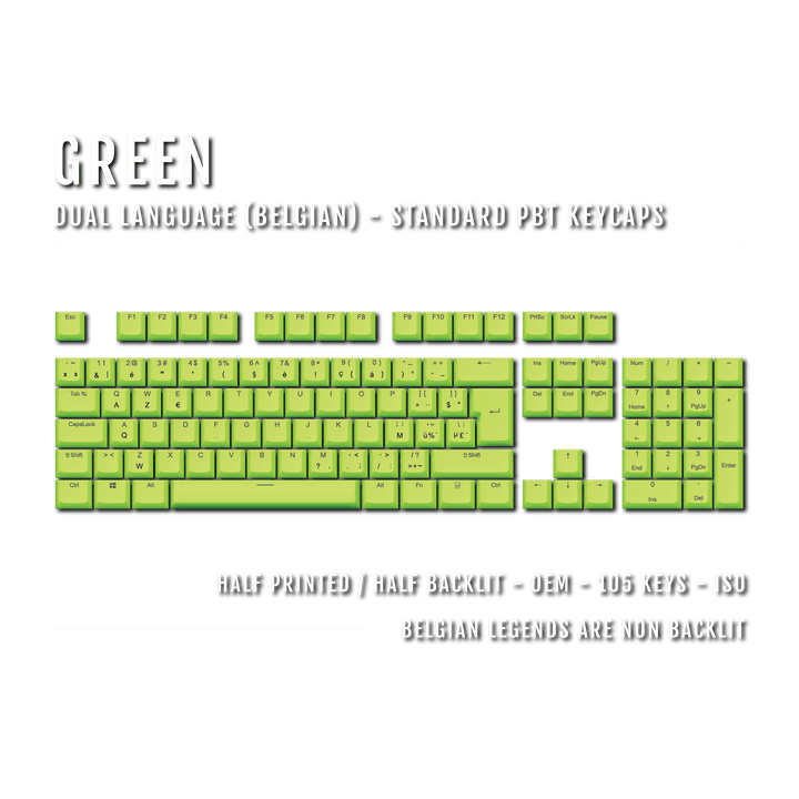 Green PBT Belgian Keycaps - ISO-BE - 100% Size - Dual Language Keycaps - kromekeycaps