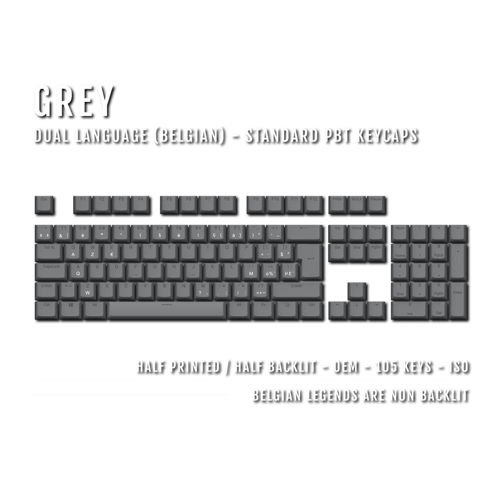 Grey PBT Belgian Keycaps - ISO-BE - 100% Size - Dual Language Keycaps - kromekeycaps