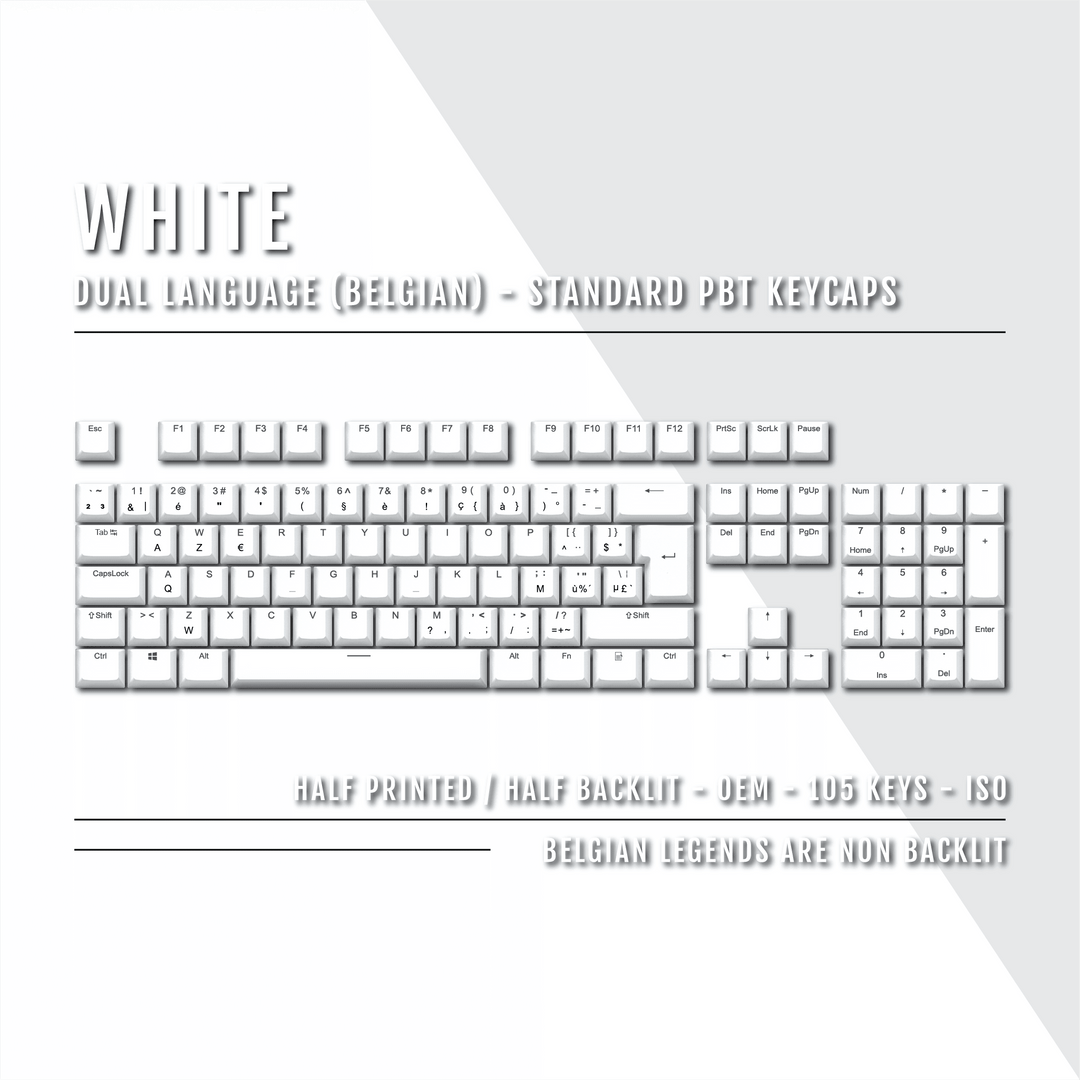 White PBT Belgian Keycaps - ISO-BE - 100% Size - Dual Language Keycaps - kromekeycaps