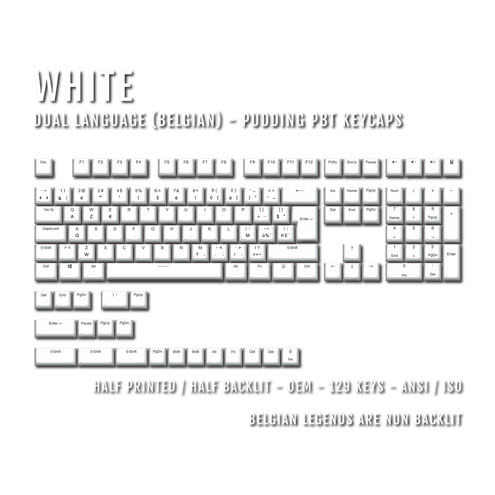 White Belgian (ISO-BE) Dual Language PBT Pudding Keycaps Krome Keycaps LTD belgian
