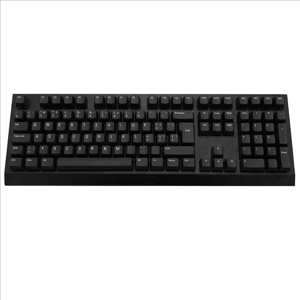 Customisable black PBT keycaps on a mechanical keyboard, non-backlit OEM profile with white legends and ISO QWERTZ layout.