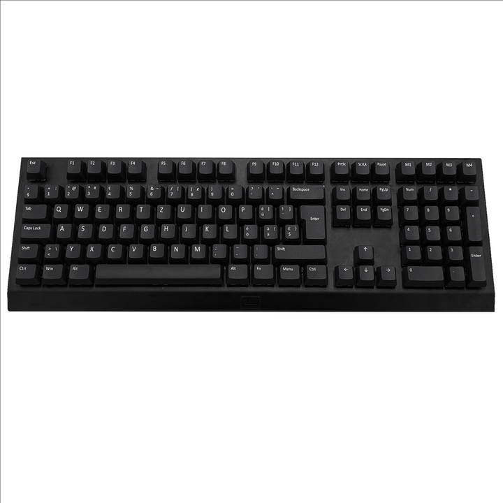 Customisable black PBT keycaps on a mechanical keyboard, non-backlit OEM profile with white legends and ISO QWERTZ layout.