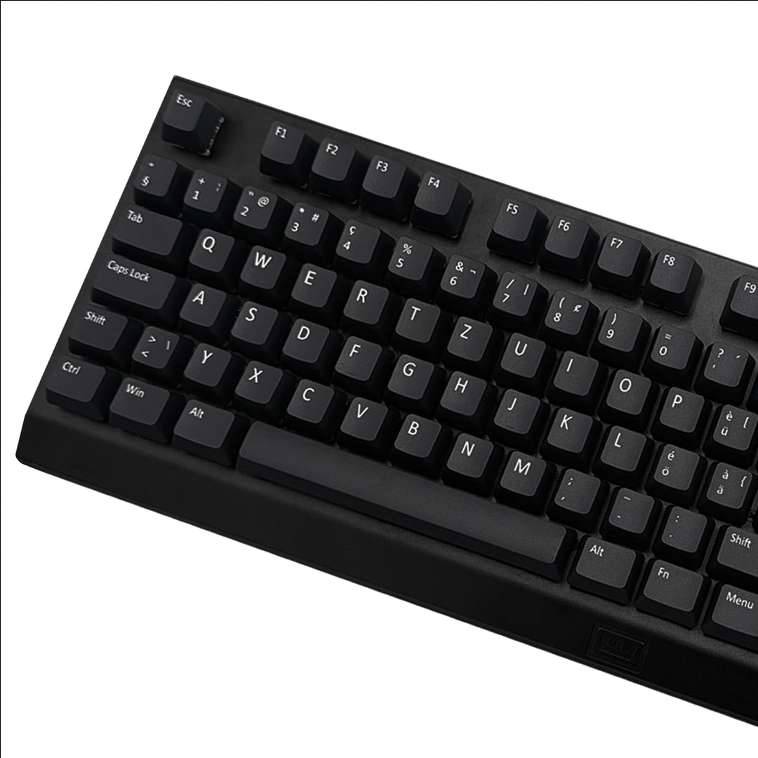 Black dye-sublimated PBT keycaps installed on a mechanical keyboard, showing non-backlit OEM profile keys and white legends.