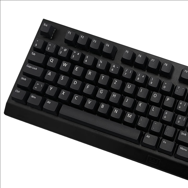Black dye-sublimated PBT keycaps installed on a mechanical keyboard, showing non-backlit OEM profile keys and white legends.