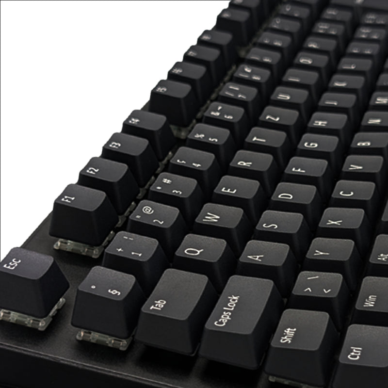 Mechanical keyboard fitted with customisable black PBT keycaps, non-backlit OEM profile with ISO-compatible legends.