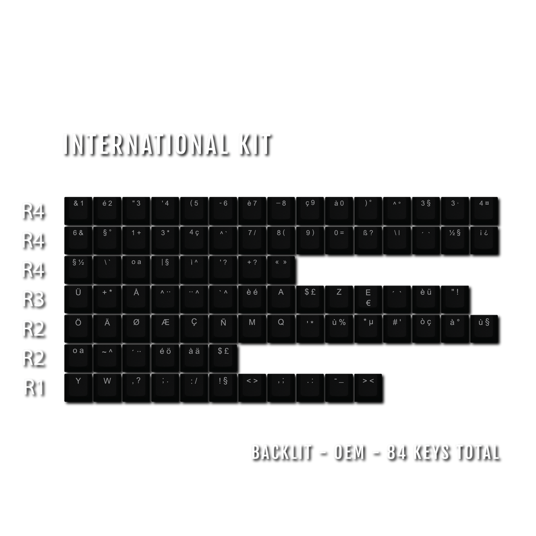 Black International ABS Keycap Conversion Kit Krome Keycaps LTD danish, french, german, italian, norwegian, portuguese, spanish, swedish, swiss
