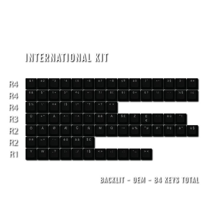 Black International ABS Keycap Conversion Kit Krome Keycaps LTD danish, french, german, italian, norwegian, portuguese, spanish, swedish, swiss