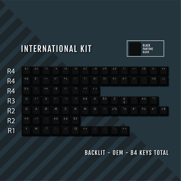 Black International ABS Keycap Conversion Kit Krome Keycaps LTD danish, french, german, italian, norwegian, portuguese, spanish, swedish, swiss