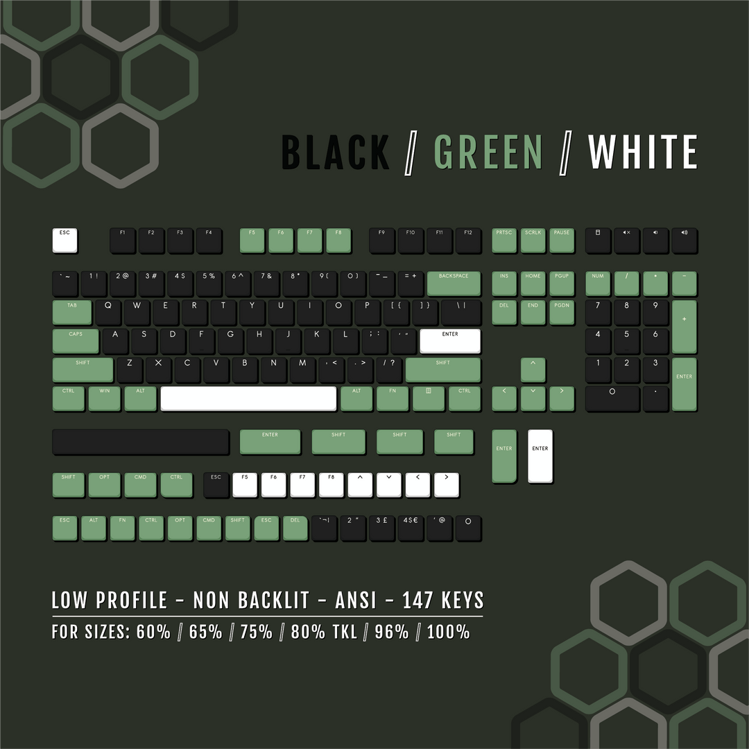 Black/Green/White US & UK Low Profile PBT Keycaps Krome Keycaps LTD Non Backlit Low Profile
