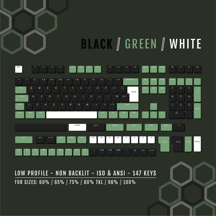 Black/Green/White US & UK Low Profile PBT Keycaps Krome Keycaps LTD Non Backlit Low Profile