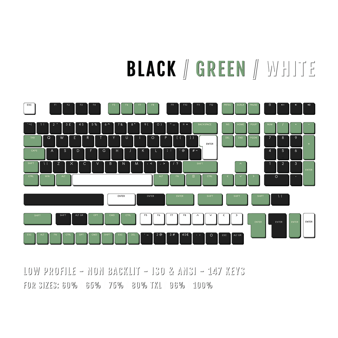 Black/Green/White US & UK Low Profile PBT Keycaps Krome Keycaps LTD Non Backlit Low Profile
