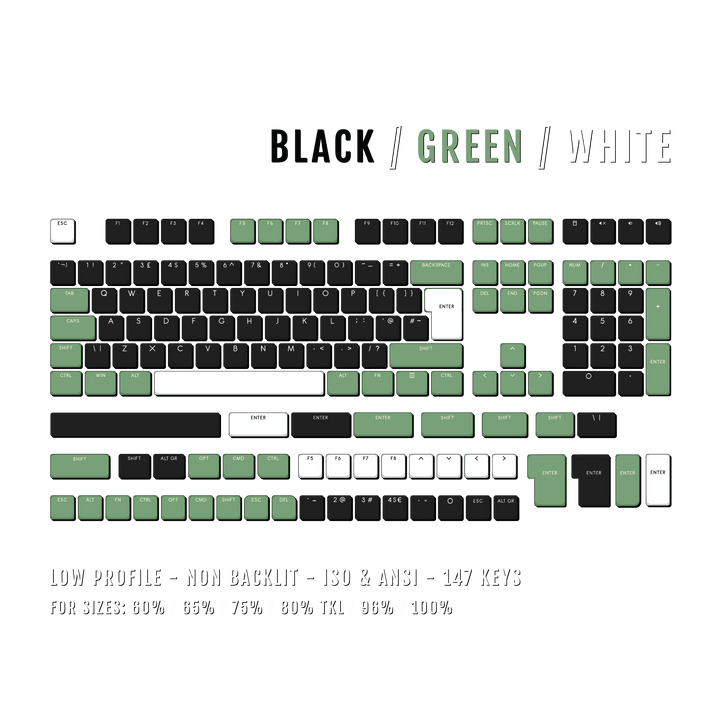 Black/Green/White US & UK Low Profile PBT Keycaps Krome Keycaps LTD Non Backlit Low Profile
