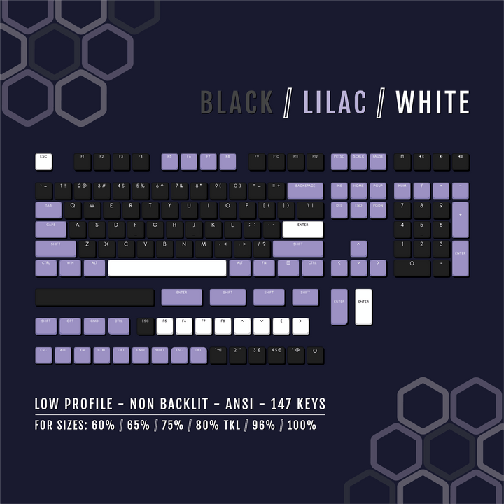 Black/Lilac/White US & UK Low Profile PBT Keycaps Krome Keycaps LTD Non Backlit Low Profile