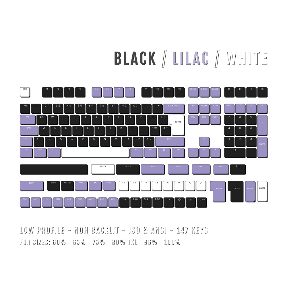 Black/Lilac/White US & UK Low Profile PBT Keycaps Krome Keycaps LTD Non Backlit Low Profile