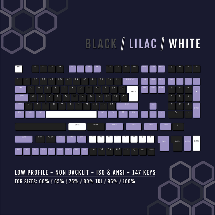 Black/Lilac/White US & UK Low Profile PBT Keycaps Krome Keycaps LTD Non Backlit Low Profile