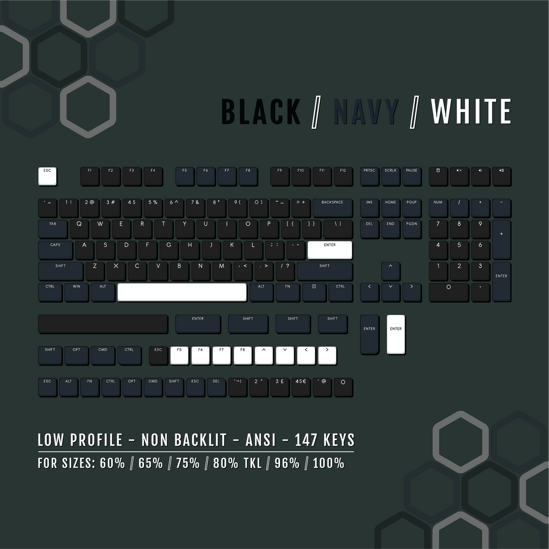 Black/Navy/White US & UK Low Profile PBT Keycaps Krome Keycaps LTD Non Backlit Low Profile