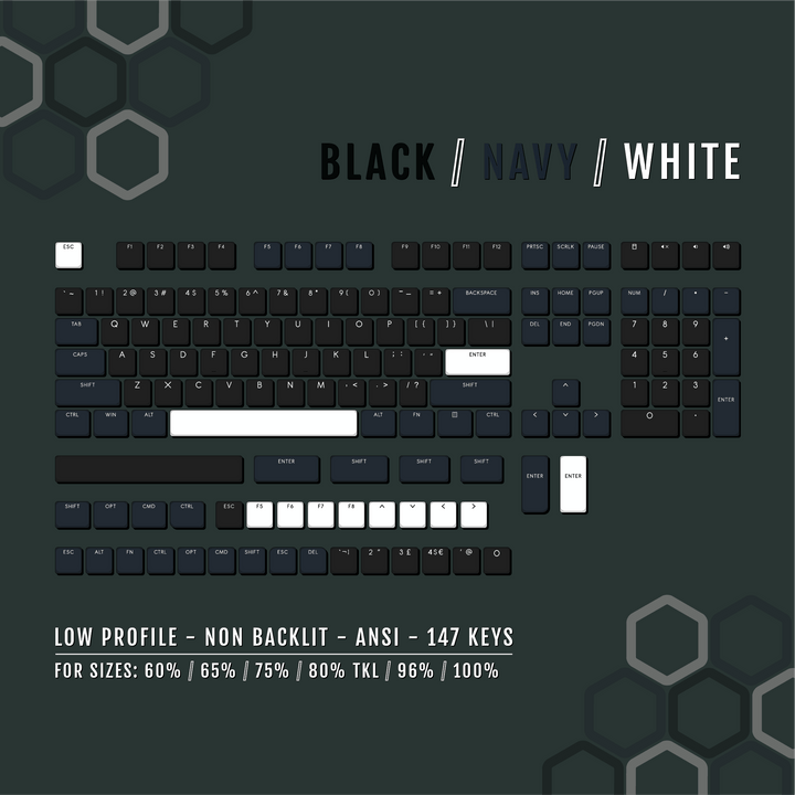 Black/Navy/White US & UK Low Profile PBT Keycaps Krome Keycaps LTD Non Backlit Low Profile