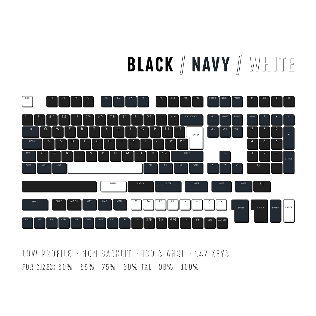 Black/Navy/White US & UK Low Profile PBT Keycaps Krome Keycaps LTD Non Backlit Low Profile