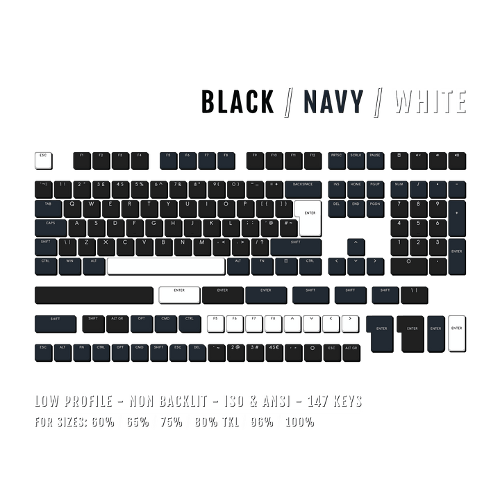 Black/Navy/White US & UK Low Profile PBT Keycaps Krome Keycaps LTD Non Backlit Low Profile