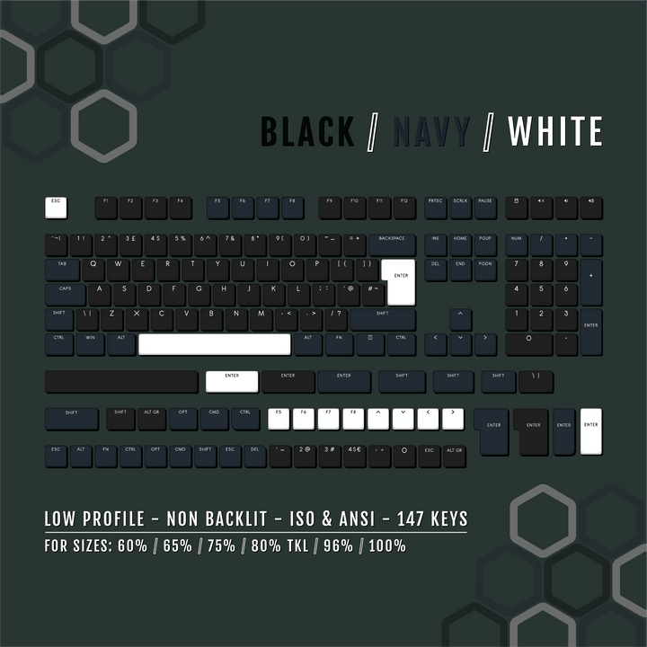 Black/Navy/White US & UK Low Profile PBT Keycaps Krome Keycaps LTD Non Backlit Low Profile