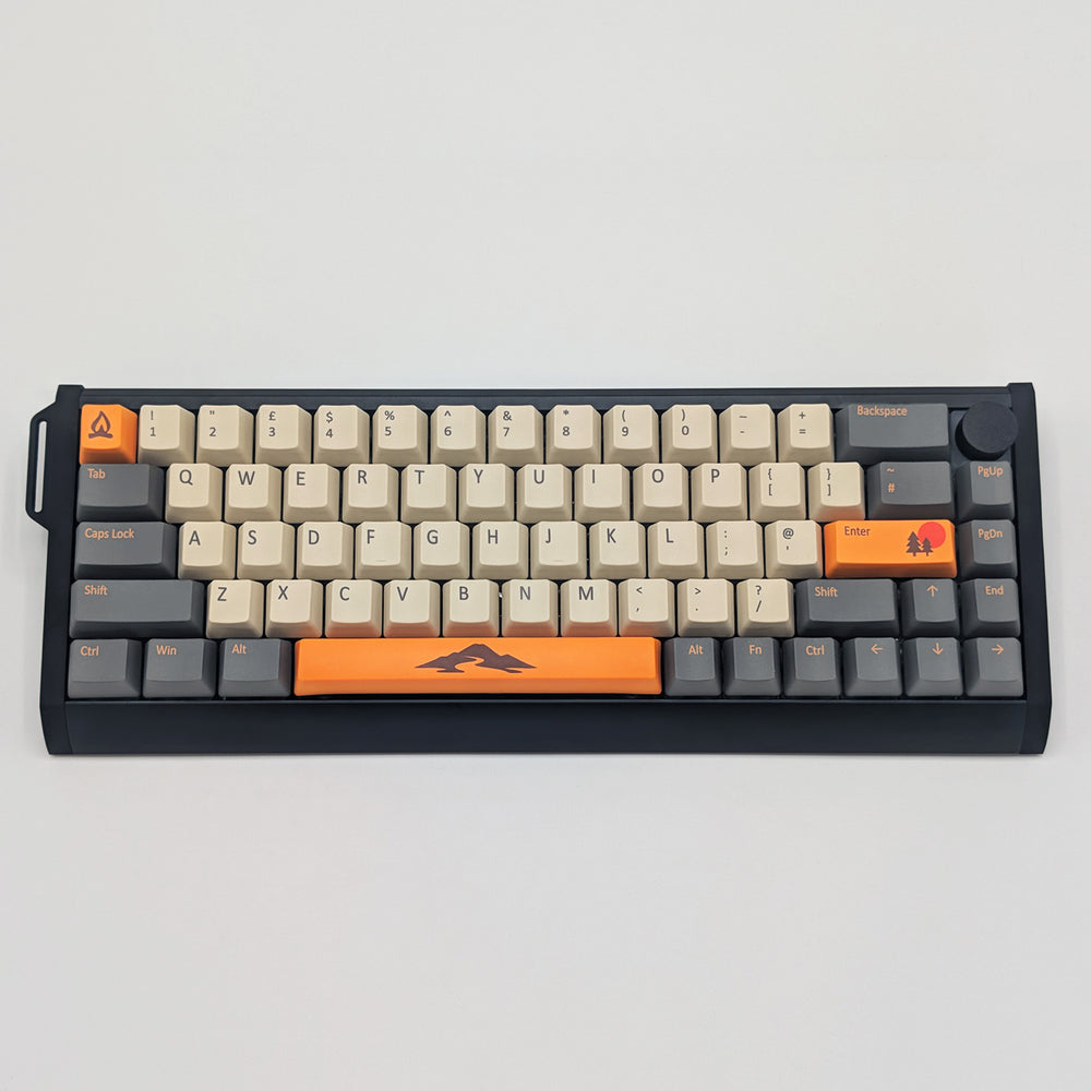 CAMPSITE QWERTY PBT keycaps on a mechanical keyboard, featuring OEM profile keys with Off-White/Cream, Grey and Orange Keycaps