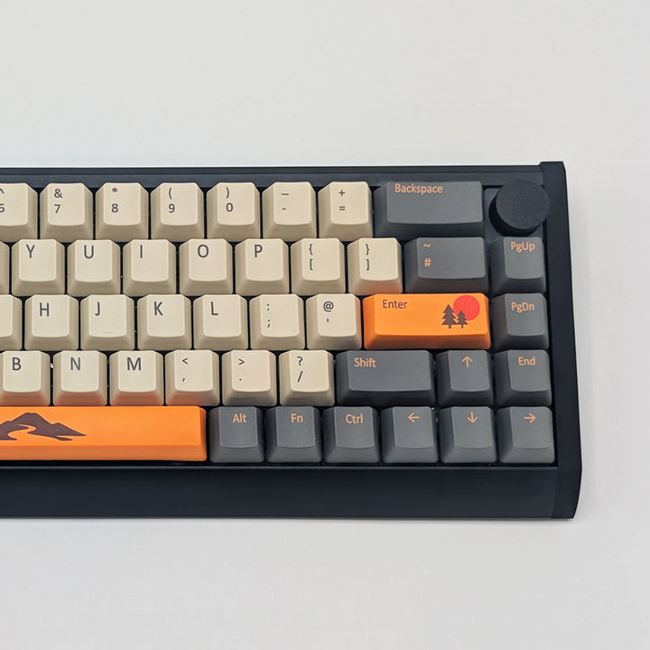 Close-up of CAMPSITE QWERTY PBT keycaps on a mechanical keyboard, featuring OEM profile keys with Off-White/Cream, Grey and Orange Keycaps
