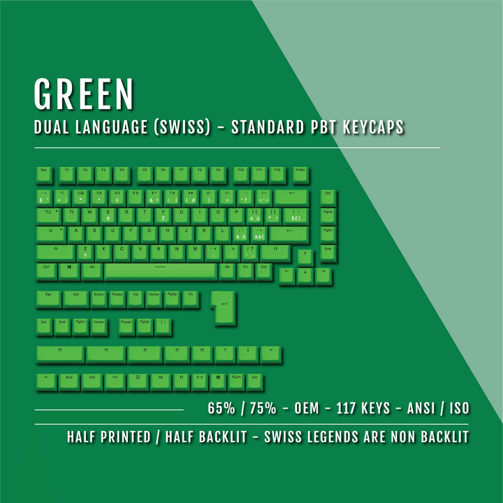 Green Swiss (ISO-CH) Dual Language PBT Keycaps - 65/75% Krome Keycaps LTD swiss