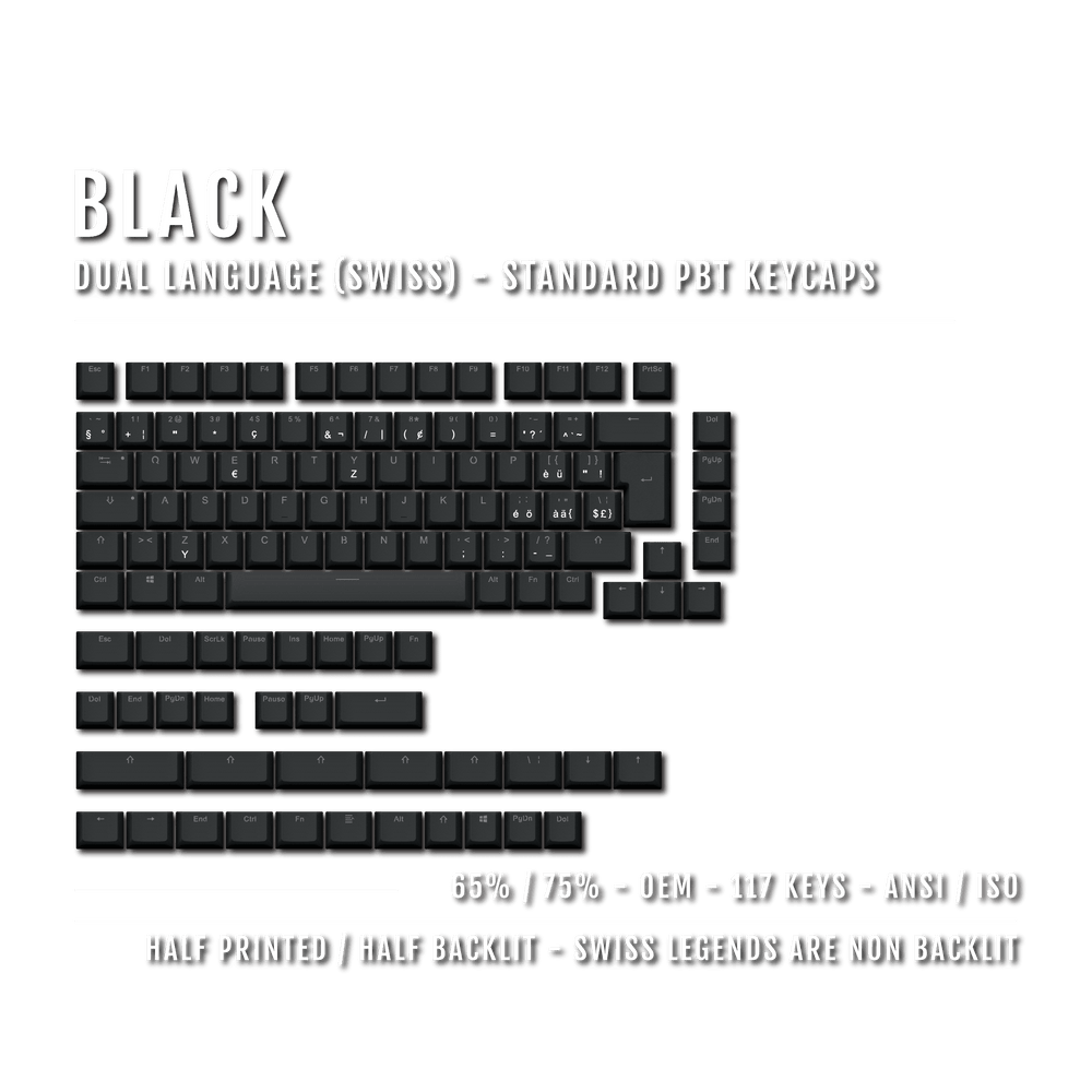 Black PBT Swiss Keycaps - ISO-CH - 65/75% Sizes - Dual Language Keycaps - kromekeycaps