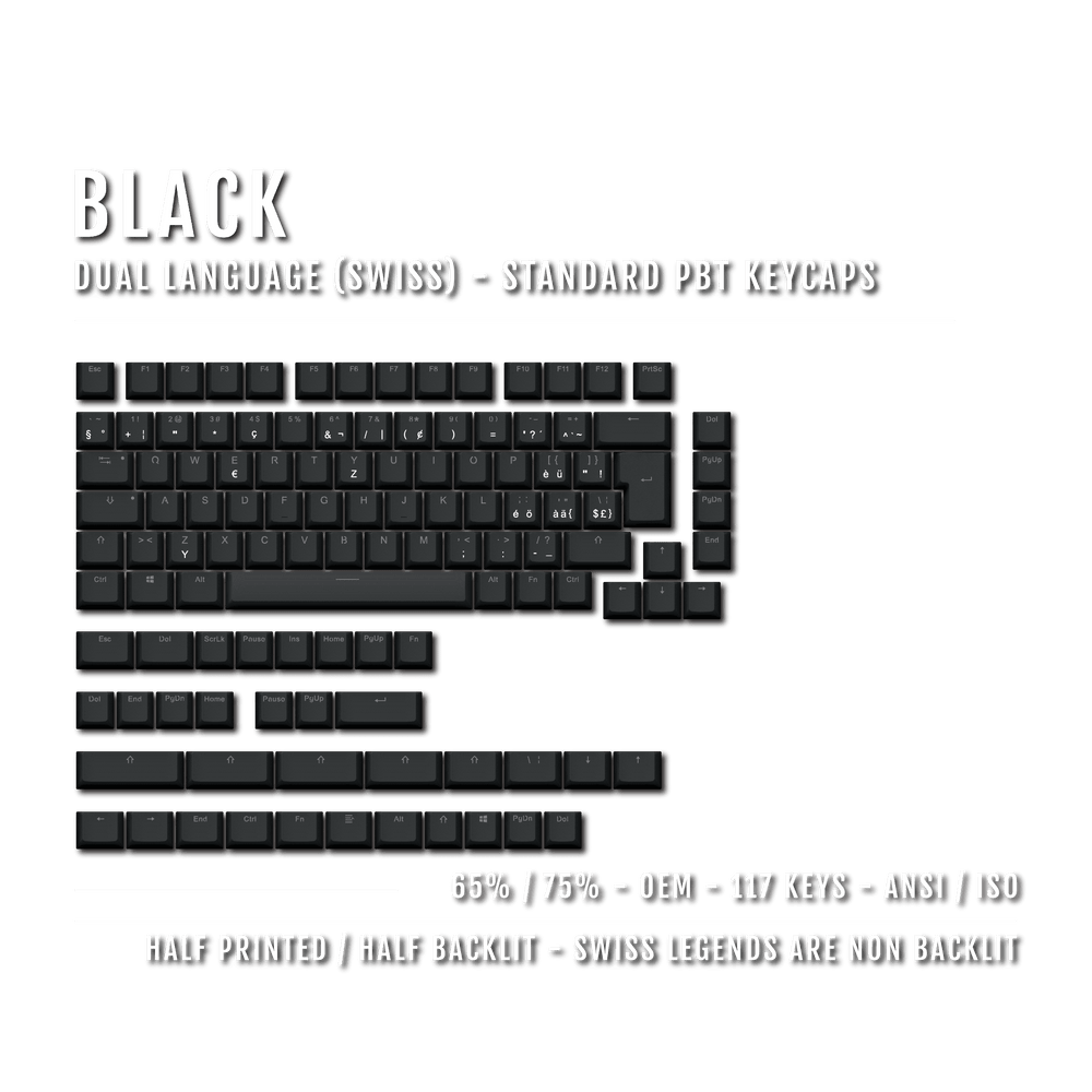 Black Swiss (ISO-CH) Dual Language PBT Keycaps - 65/75% Krome Keycaps LTD swiss