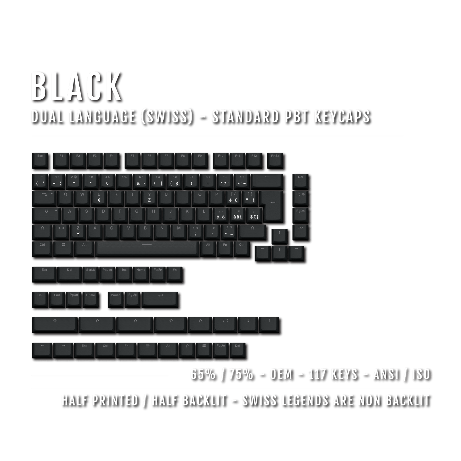 Black PBT Swiss Keycaps - ISO-CH - 65/75% Sizes - Dual Language Keycap ...