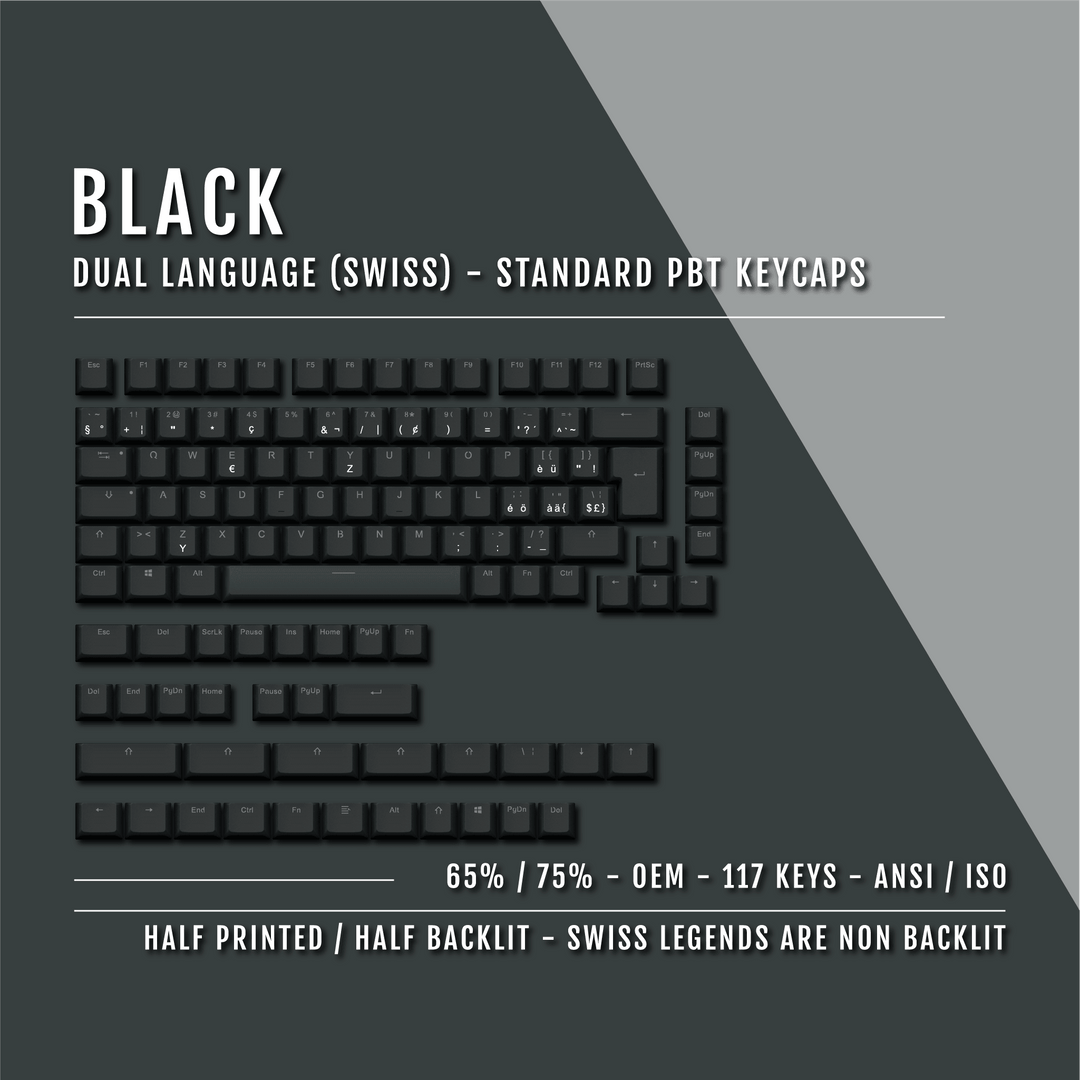 Black Swiss (ISO-CH) Dual Language PBT Keycaps - 65/75% Krome Keycaps LTD swiss