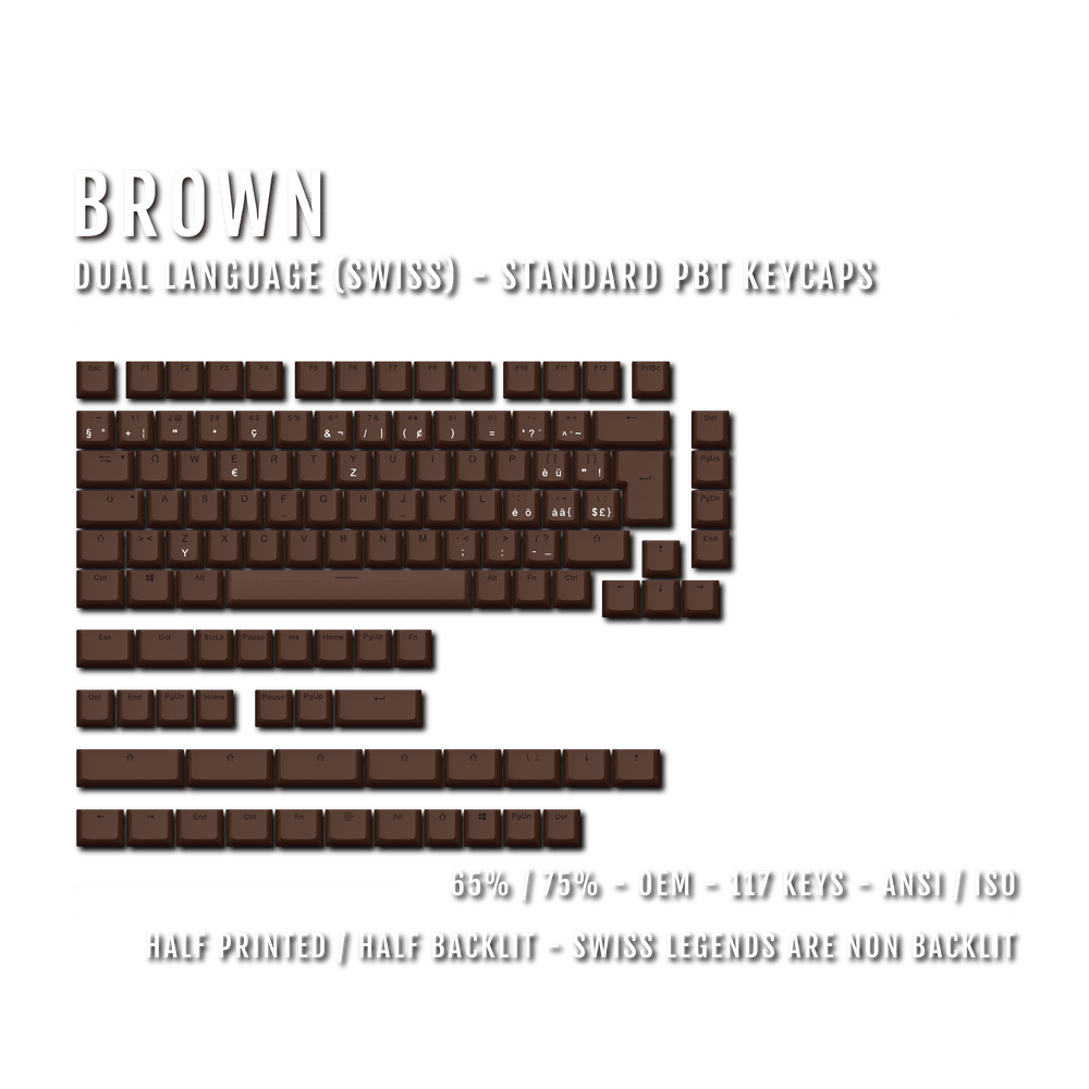 Brown PBT Swiss Keycaps - ISO-CH - 65/75% Sizes - Dual Language Keycaps - kromekeycaps
