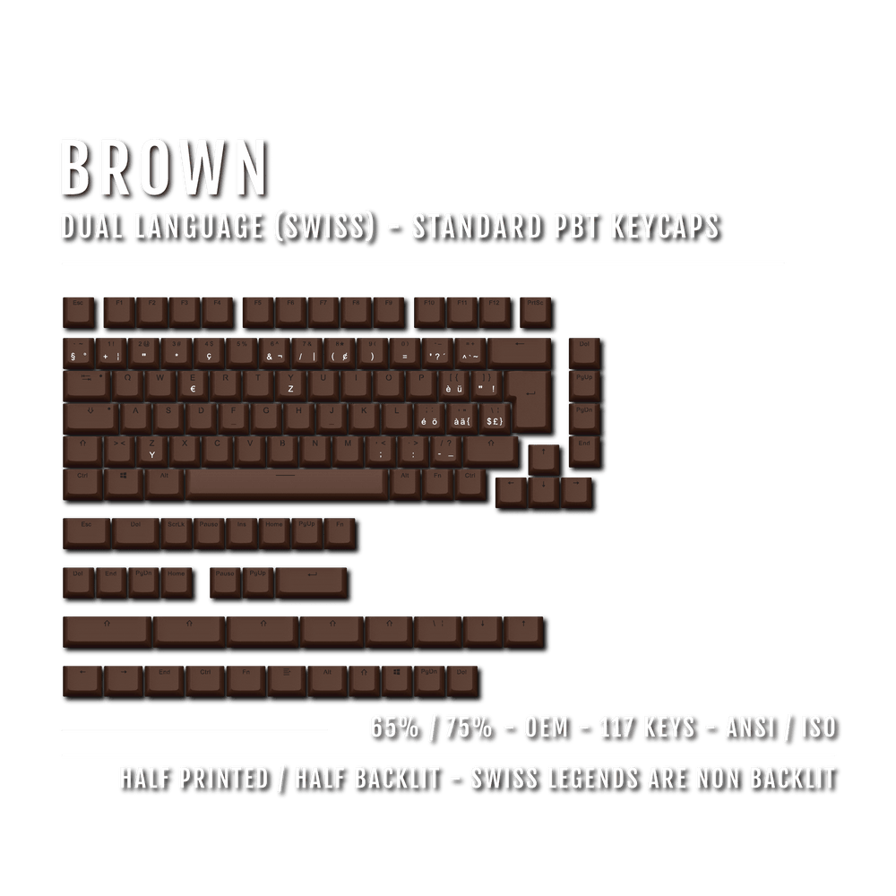 Brown Swiss (ISO-CH) Dual Language PBT Keycaps - 65/75% Krome Keycaps LTD swiss