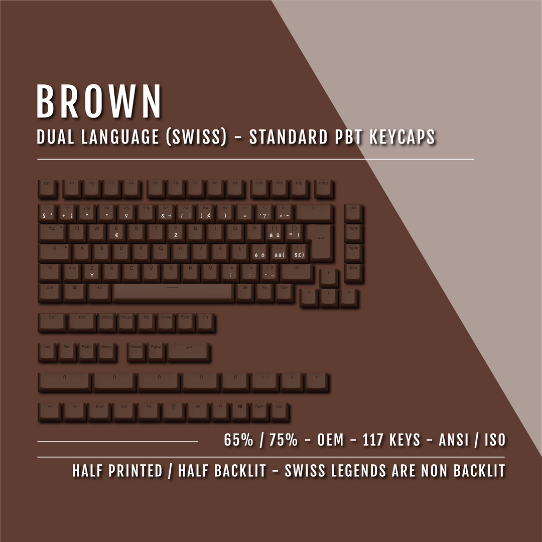 Brown PBT Swiss Keycaps - ISO-CH - 65/75% Sizes - Dual Language Keycaps - kromekeycaps
