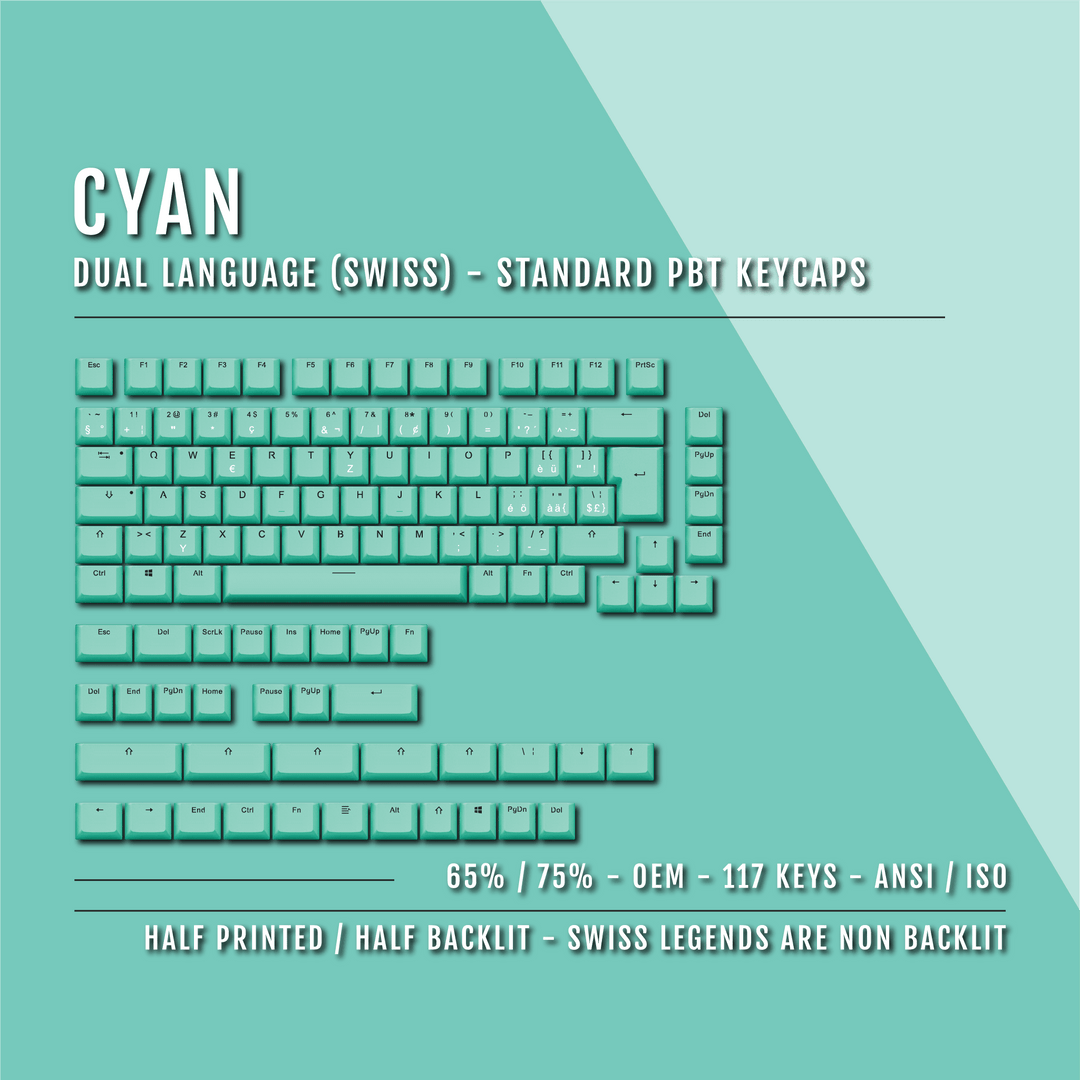 Cyan PBT Swiss Keycaps - ISO-CH - 65/75% Sizes - Dual Language Keycaps - kromekeycaps