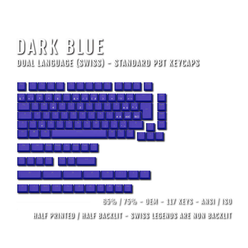 Dark Blue PBT Swiss Keycaps - ISO-CH - 65/75% Sizes - Dual Language Keycaps - kromekeycaps