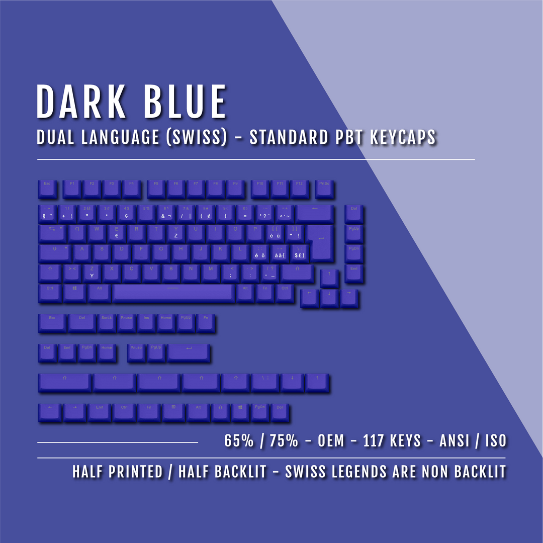Dark Blue PBT Swiss Keycaps - ISO-CH - 65/75% Sizes - Dual Language Keycaps - kromekeycaps