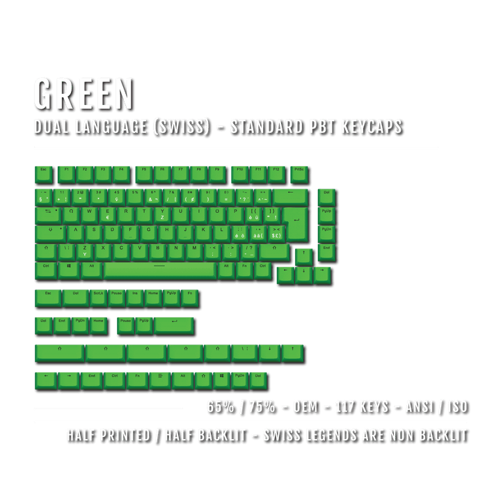 Green Swiss (ISO-CH) Dual Language PBT Keycaps - 65/75% Krome Keycaps LTD swiss