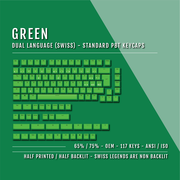 Green Swiss (ISO-CH) Dual Language PBT Keycaps - 65/75% Krome Keycaps LTD swiss