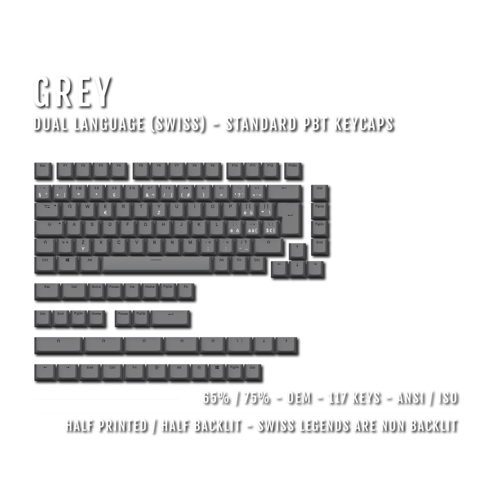 Grey PBT Swiss Keycaps - ISO-CH - 65/75% Sizes - Dual Language Keycaps - kromekeycaps