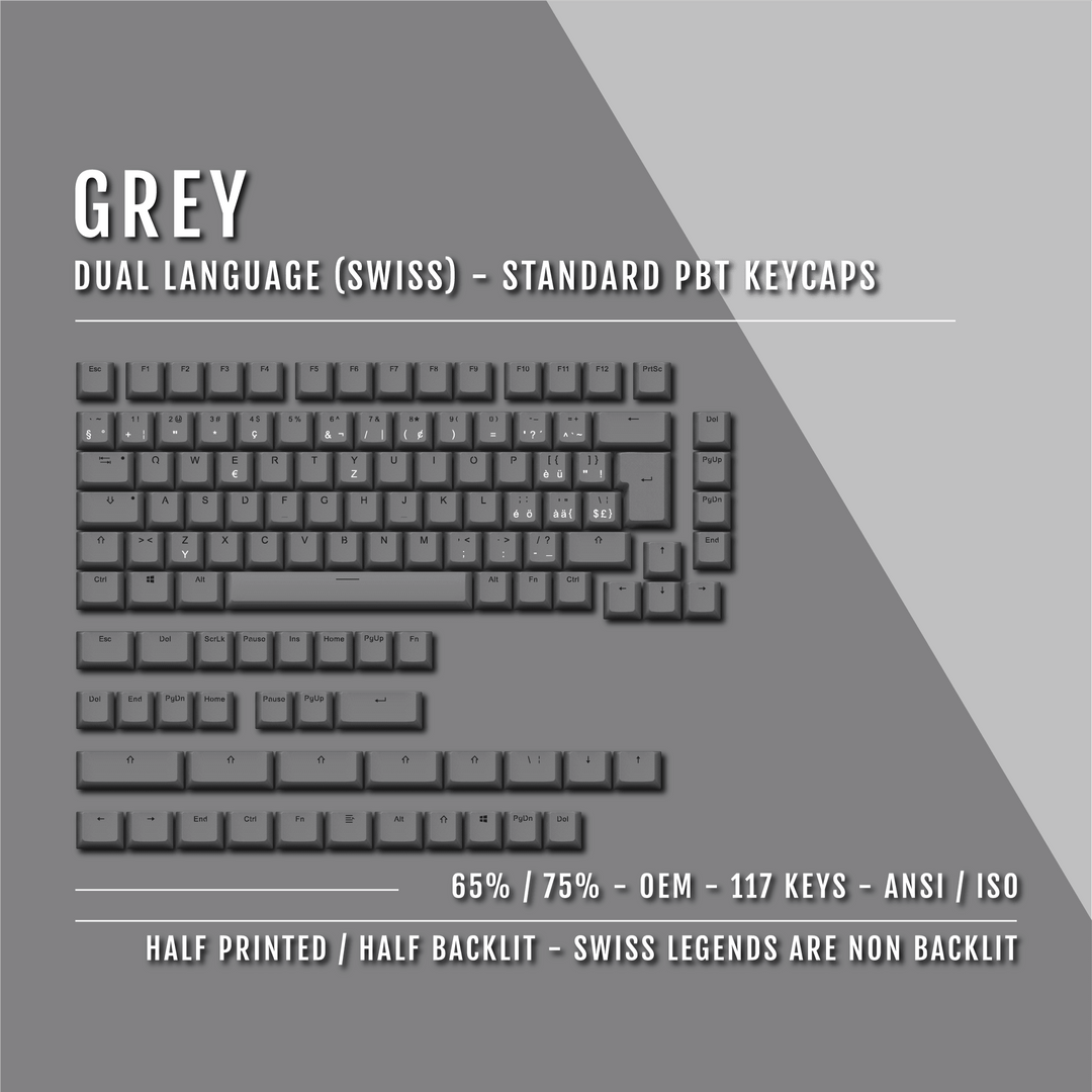 Grey PBT Swiss Keycaps - ISO-CH - 65/75% Sizes - Dual Language Keycaps - kromekeycaps