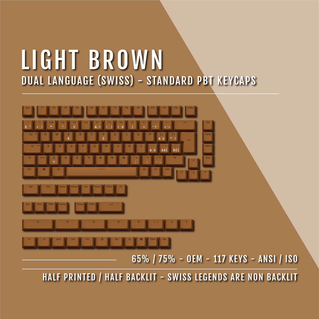 Light Brown PBT Swiss Keycaps - ISO-CH - 65/75% Sizes - Dual Language Keycaps - kromekeycaps