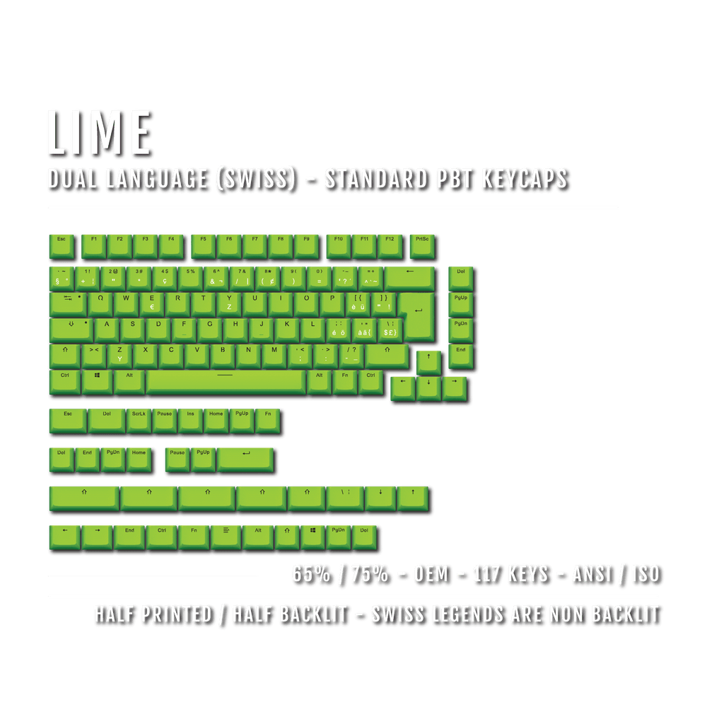 Lime PBT Swiss Keycaps - ISO-CH - 65/75% Sizes - Dual Language Keycaps - kromekeycaps