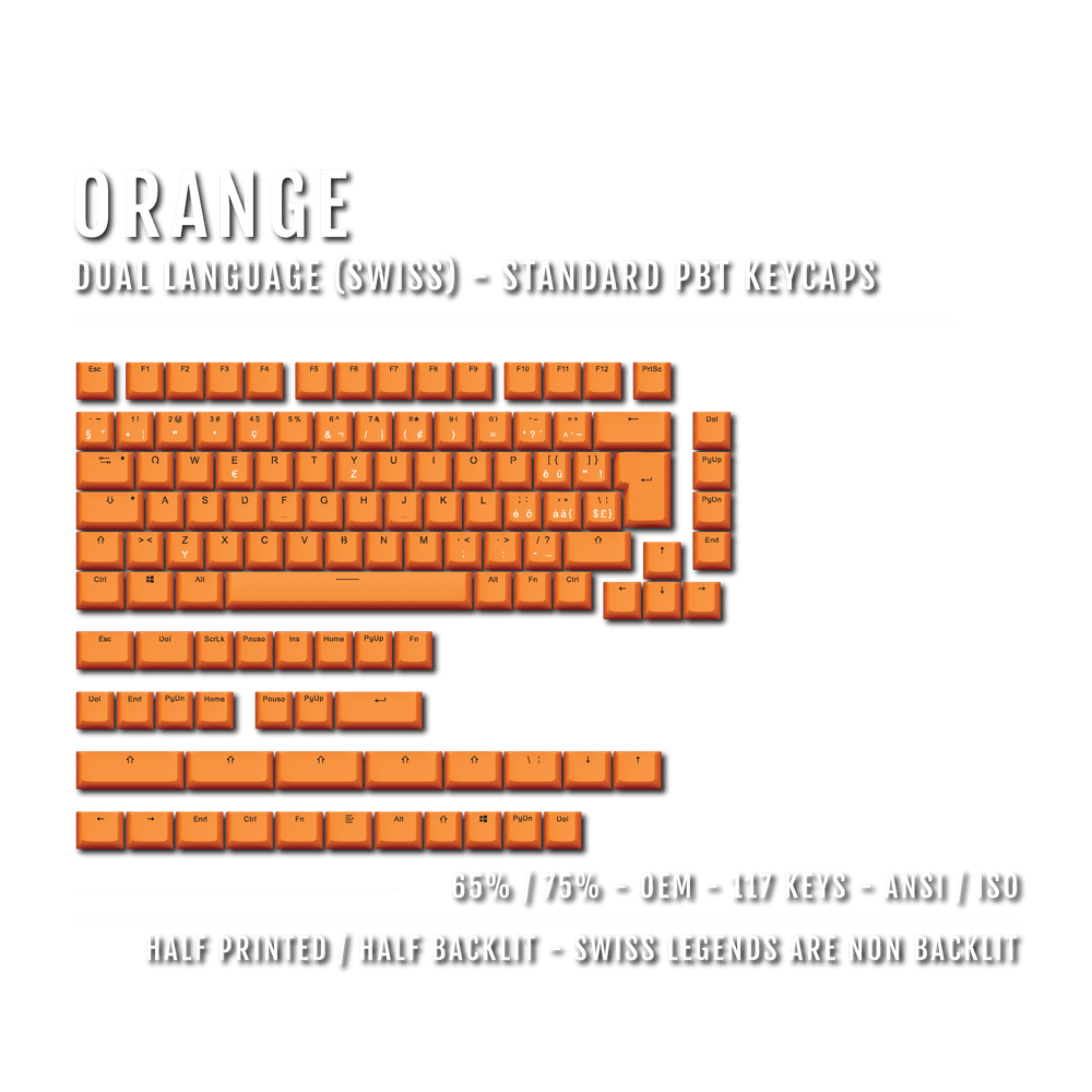Orange PBT Swiss Keycaps - ISO-CH - 65/75% Sizes - Dual Language Keycaps - kromekeycaps