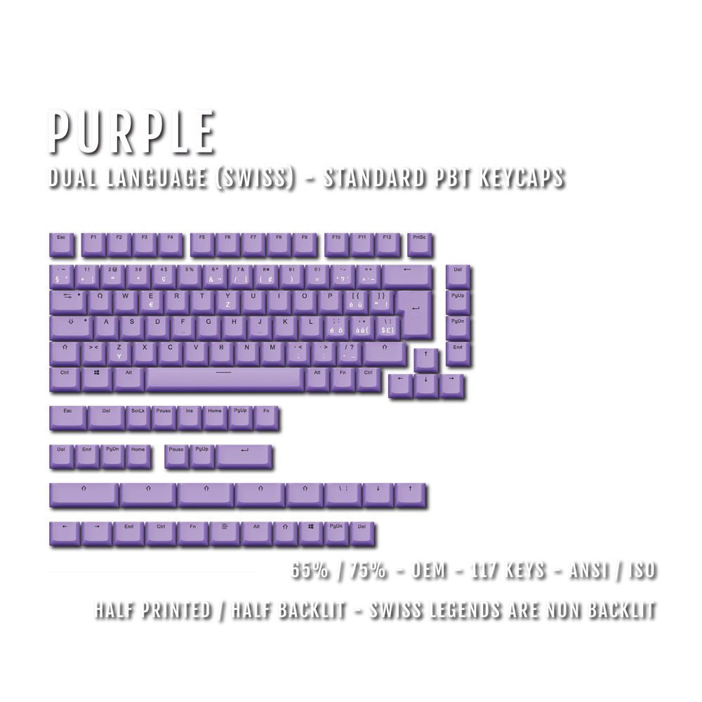 Purple PBT Swiss Keycaps - ISO-CH - 65/75% Sizes - Dual Language Keycaps - kromekeycaps