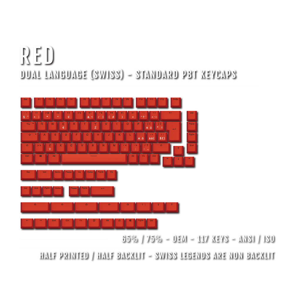 Red PBT Swiss Keycaps - ISO-CH - 65/75% Sizes - Dual Language Keycaps - kromekeycaps